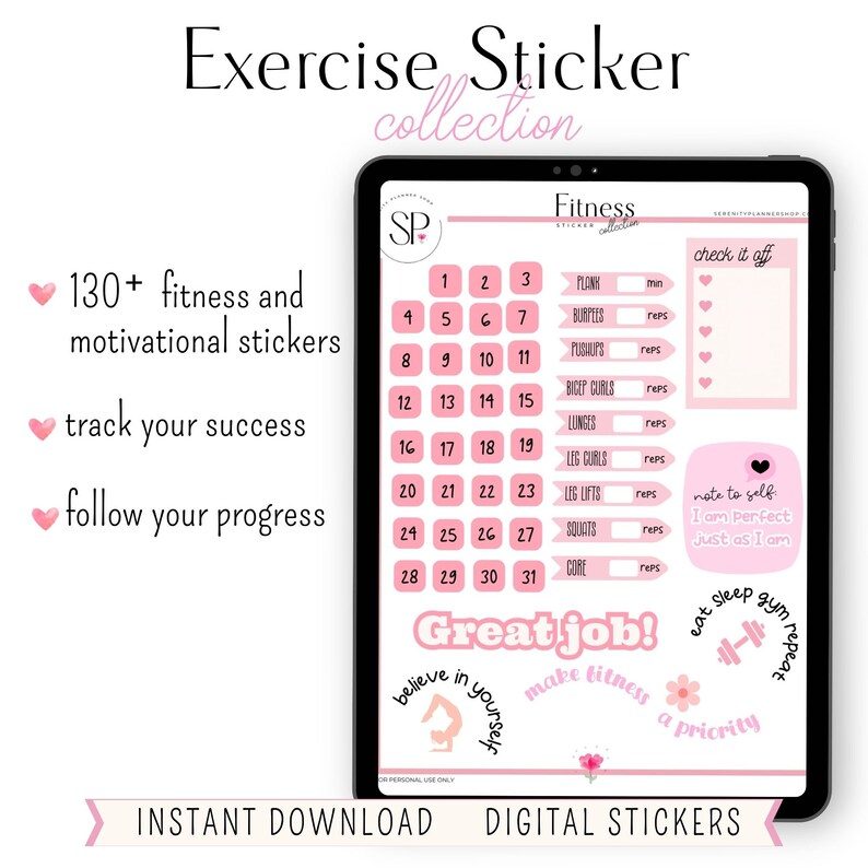 May include: A digital sticker sheet with pink and white illustrations of fitness-themed icons, numbers, and motivational phrases. The sheet includes a calendar, workout tracker, and motivational quotes like "Great job!" and "Make fitness a priority."