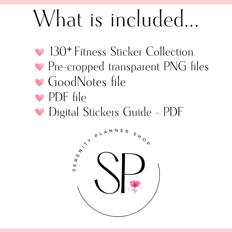 May include: A pink and white graphic with the text "What is included..." and a list of digital stickers for fitness planning. The list includes 130+ Fitness Sticker Collection, Pre-cropped transparent PNG files, GoodNotes file, PDF file, and Digital Stickers Guide - PDF. The graphic also includes a logo for Serenity Planner Shop.