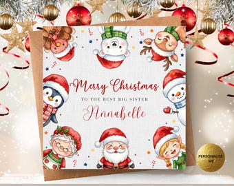 Girls Personalised Christmas Character Card, Cute Santa Snowman Elf Polar Bear Character Card for Daughter Niece Granddaughter Sister