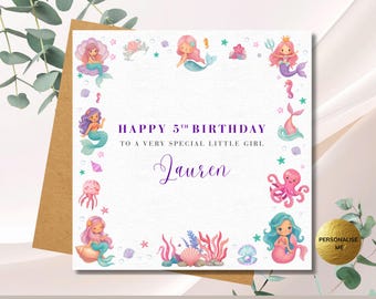 Personalised Under The Sea Card, Watercolour Mermaid Birthday Card, Custom Name Age Special Little Girl Card, Daughter Niece Granddaughter