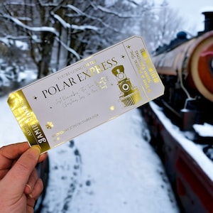 Polar Express Ticket, Kundenspezifisches goldenes Ticket, Folien-Zugfahrkarte, Weihnachtszauber, Nordpol, Weihnachtsmann, Santa einladen, glauben an Magie