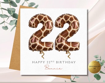 Personalised Giraffe Print Number Card, Watercolour Any Age Foil Balloon Illustration for Daughter Sister Friend Niece
