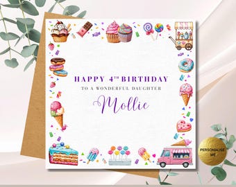 Fun Colourful Sweets Birthday Card for Girls, Ice Cream Treats, Customisable with Name and Age