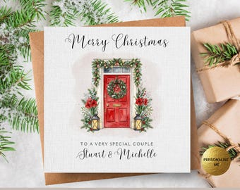 Christmas Front Door Card, Festive Front Door Wreath & Lanterns, 1st Christmas in New Home Card For A Special Couple