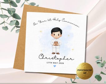 Eerste communiekaart jongens, aandenken voor jongen, gepersonaliseerd voor zoon, peetzoon, kleinzoon of neef op je communiedag