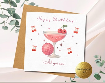 Personalisierte Rosa Disco Ball Geburtstagskarte, Kawaii Kirsch Martini Cocktail Karte für Sie, 18.21