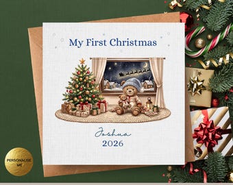 My First Christmas Card, Personalised Baby Boy 1st Christmas Card 2026 Teddy Bear Keepsake for Son Grandson Nephew