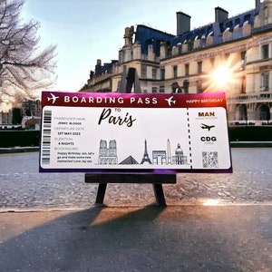 Carte d'embarquement foil pour la Paris, voyage surprise, week-end surprise, voyage spécial, billet de voyage, faux billet d'avion, billet fleuret, fête des fêtes
