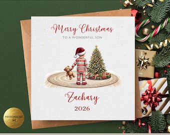Toddler Personalised Christmas Card 2026, Little Boy Christmas Pyjamas Card, Custom Hair Colour, Card for Son Grandson Nephew