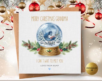 From the Bump Christmas Card, Personalised Snowglobe Pram Design for Nanny or Nan from grandson