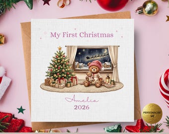 My First Christmas Card, Personalised Baby Girl 1st Christmas Card 2026 Teddy Bear Keepsake for Daughter Granddaughter Niece
