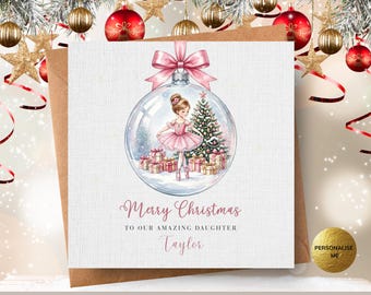 Ballerina Snowy Christmas Scene Bauble Card, Custom Name for Little Girls, Custom Christmas Card for Daughter Niece Granddaughter Friend