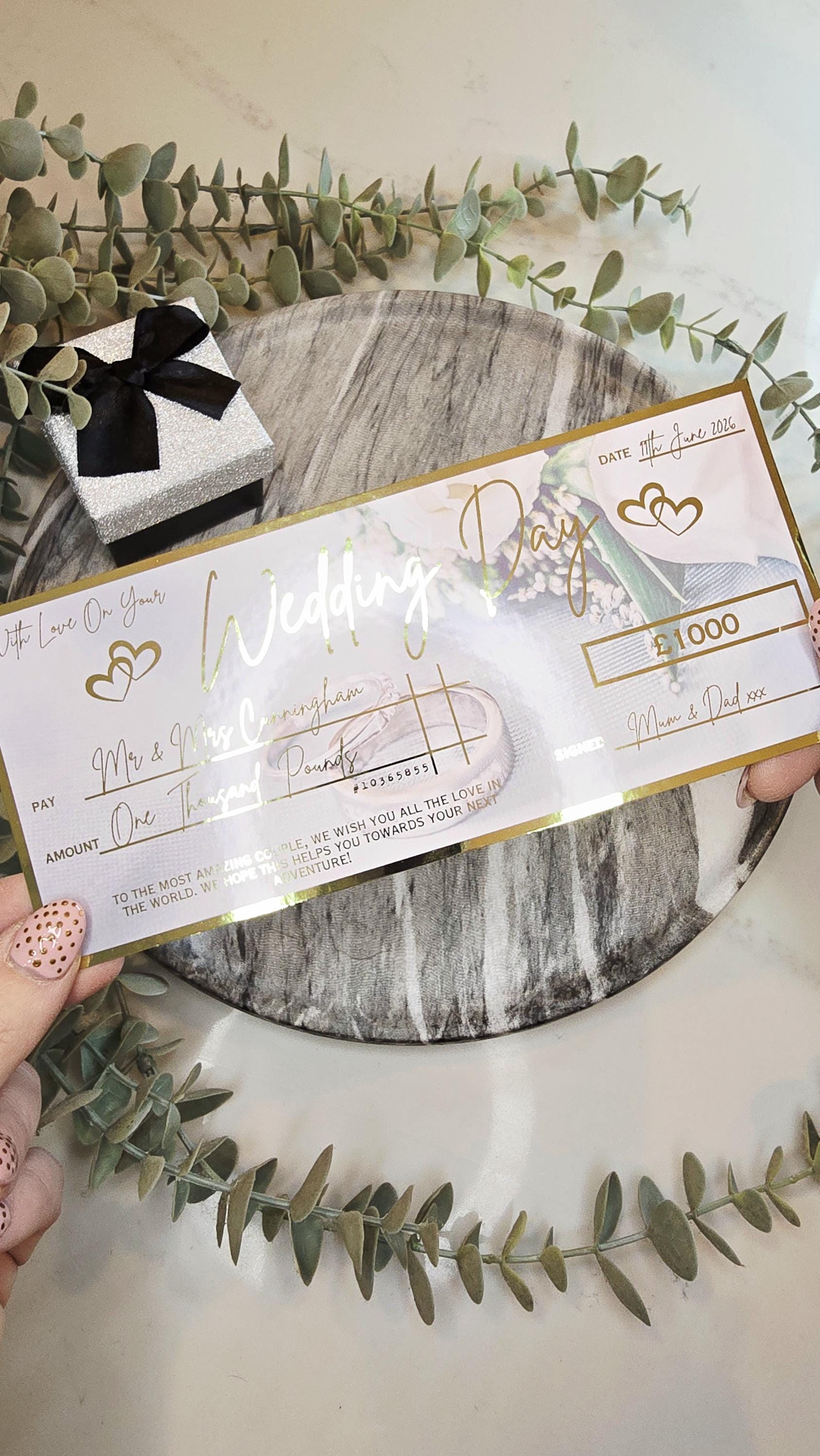 Personalised Wedding Gift Cheque | Custom Foil Honeymoon Fund Voucher ...