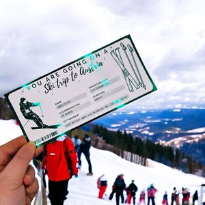 Überraschungsskitrip enthüllen, Foliengeschenkgutschein, Snowboardreise, Winterurlaub enthüllen, Geburtstagsüberraschungsgeschenk, personalisiertes Folienticket