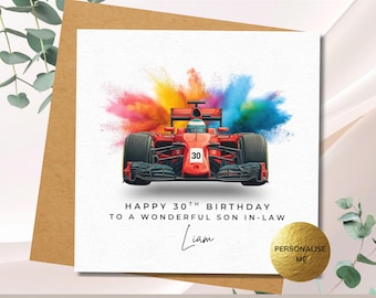 Personalised Racing Car Birthday Card for Son, Grand Prix Fan Gift, Custom Age Formula 1 Style Card for Him, Motorsport Birthday