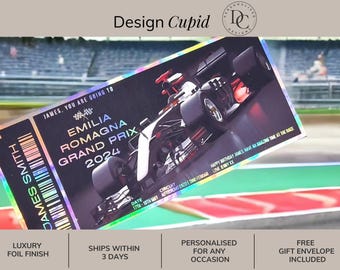 Grand Prix Ticket Reveal, Personalised Motor Racing Voucher, Luxury Photo Finish Foil Race Gift