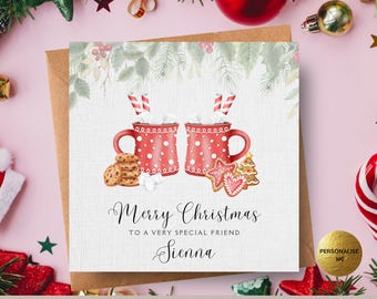 Festive Hot Cocoa Mugs Christmas Card for Friend, Hot Chocolate & Marshmallow Card
