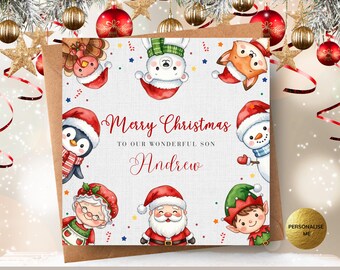 Boys Personalised Christmas Card, Cute Santa Snowman Elf Polar Bear Character Card for Son Nephew Grandson Brother