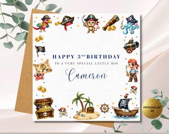 Boys Pirate Birthday Card, Personalised Son Brother Grandson Treasure Chest and Gold, Any Age, 3rd 4th 5th Custom Birthday Card