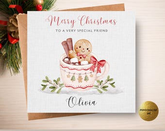 Gingerbread Hot Chocolate Christmas Card for Special Friend, Customised Best Friend Card, Festive Hot Cocoa Mug Illustration