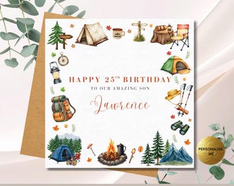 Camping Theme Birthday Card, Outdoor Hiking Theme Grandad Son, Outdoors Birthday Card, Watercolour Tent Forest Card For Husband Boyfriend