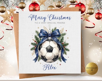 Personalised Football Christmas Card, Christmas Bauble Card for Son Nephew Grandson, Boy's Sports Soccer Bauble Keepsake, Holiday Card