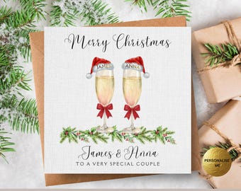 Festive Santa Hat Champagne Glasses Card, Personalised for Couples, Card for Mum and Dad, Brother and Sister in Law, Friends