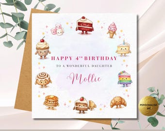 Personalised Dessert Plushie Character Birthday Card for Daughter, Cute Sweet Treats Card, Custom 5th 6th 7th Birthday Card