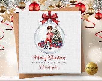 Custom Footballer Snowy Bauble Christmas Card For Boy, Personalised Name, Christmas Card for Son Grandson Brother Nephew