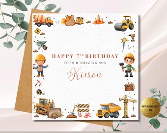 Personalised Boys Construction Birthday Card, Custom Digger & Worker Truck, Builder 7th Birthday Card for Son Grandson Nephew
