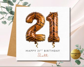 Custom Age Tiger Balloon Birthday Card, Personalised Animal Print Card, Watercolour Foil Balloon Illustration for Any Age 21st 30th 40th