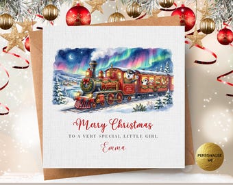 Personalised Kids Christmas Train Card, Custom Snowy Steam Train Card for Son, Daughter, Grandson, Granddaughter, Nephew or Niece