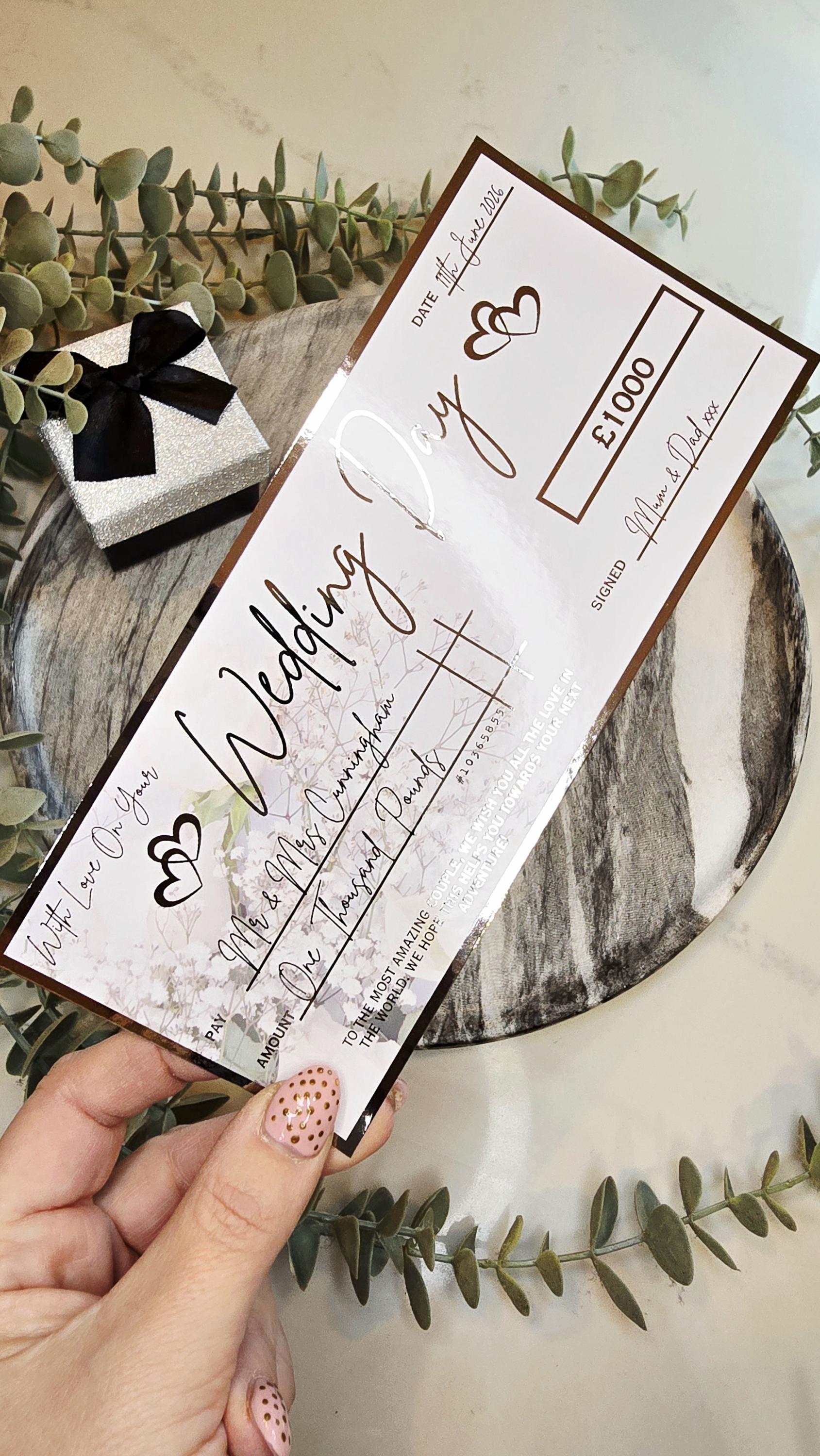 Personalised Wedding Gift Cheque | Custom Foil Honeymoon Fund Voucher ...