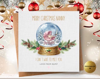 Merry Christmas Nanna From Bump Card, Personalised Baby Girl Snowglobe Card, Pink Baby Pram for Nanny Nan or Grandma from granddaughter