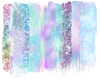 Iridescent Brush Strokes Clipart, with silver holographic glitter and foil in digital PNG format instant download