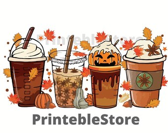 Fall coffee PNG pumpkin spice latte iced warm cozy autumn orange digital file Sublimation design hand drawn Printable Graphic Clipart Tshirt