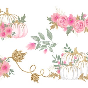 Pink White and Gold Watercolor Pumpkins Clip Art - sparkling gold pumpkins in PNG format instant download