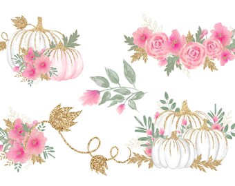 Pink Weiß und Gold Aquarell Kürbisse Clip Art - funkelnde gold Kürbisse im PNG Format direkter Download