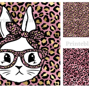 Cute bunny with leopard bandana and glasses svg, Leopard print svg, Easter svg, Bunny svg, Easter bunny svg, pink and gold leopard