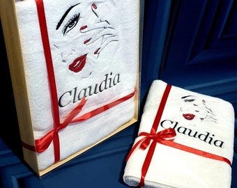 Personalized Luxury Bath Towel with Your Name Beautiful Woman's Embroidered Portrait, and Exquisite Craftsmanship, Gift for special person.