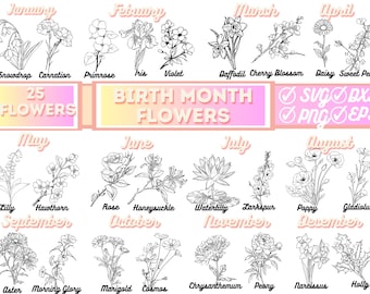 Geboortemaand svg Bundel | Bloem-svg | Geboorte bloem svg | Bloemensvg | Botanische svg | Roos-svg | Madeliefje-svg | Papaver-svg | svg-bestanden voor cricut