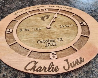 Digital Download Laser File, Time and Date Birth clock w/ stand, 0-24 month closet separator tags, Png, Svg, Pdf, Lightburn with Font