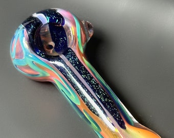 Pink Gold & Purple Glass Pipe Iridescent Fumed Spoon Pipe Orange Glitter Navy + Aqua Streaks Iridescent Chrome Heady Glass Tobacco Pipe Art