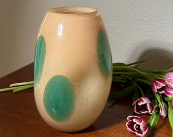 Large Glass Vase Green & Cream Hand Blown Modern "Melting Effect" Polka Dot Flower Vessel Organic Shape