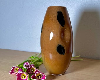 Large Glass Vase Brown & Black Hand Blown Modern "Melting Effect" Polka Dot Flower Vessel Organic Shape Extra Tall