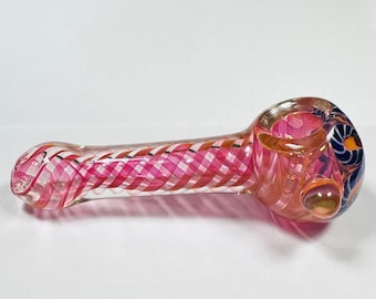 Pink Glass Pipe with Blue Striped Detailing Unique Swirling Orange Fumed Girly Spoon Pipe Gift for Smoker Heady Artistic Tobacco Pipe