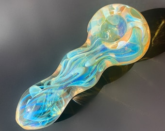 Yellow and Blue Fumed Glass Pipe Handmade Unique Golden Heady Iridescent Spoon Pipe Hand Blown Tobacco Pipe Art