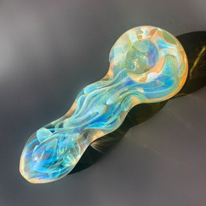 Yellow and Blue Fumed Glass Pipe Handmade Unique Golden Heady Iridescent Spoon Pipe Hand Blown Tobacco Pipe Art