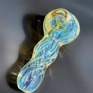 Yellow and Blue Fumed Glass Pipe Handmade Unique Golden Heady Iridescent Spoon Pipe Hand Blown Tobacco Pipe Art