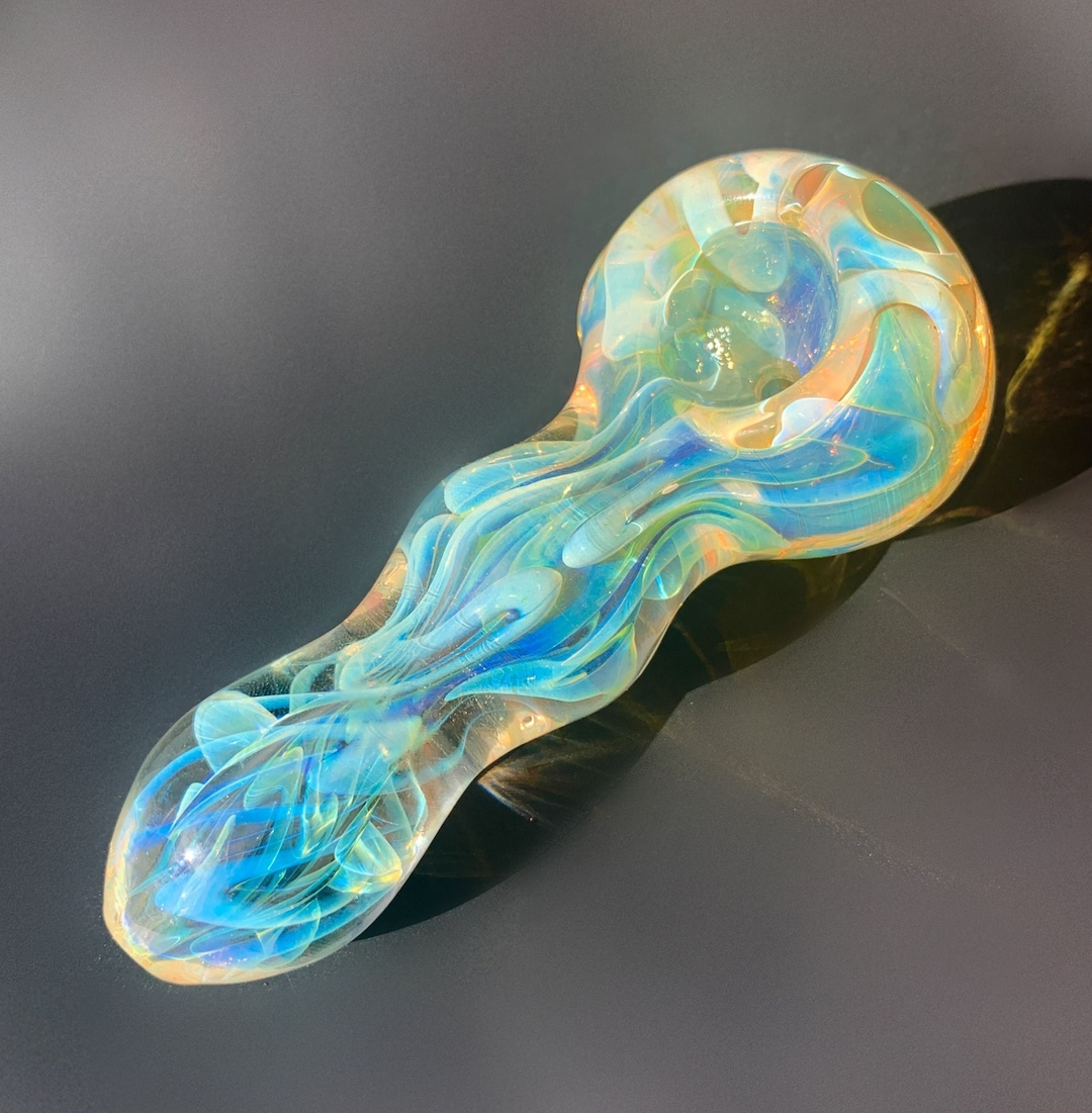 Yellow and Blue Fumed Glass Pipe Handmade Unique Golden Heady Iridescent Spoon Pipe Hand Blown